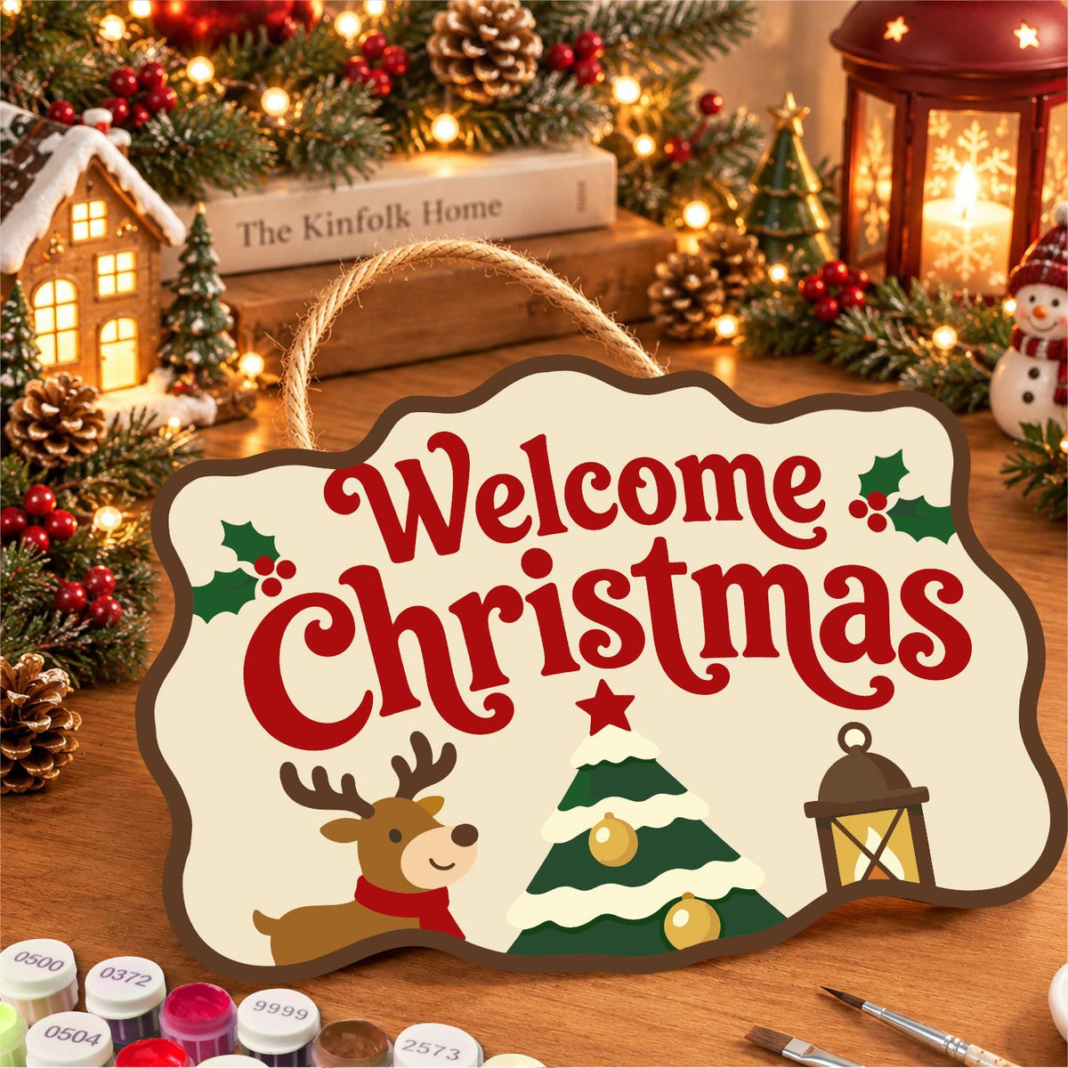 Reindeer and Lantern Welcome paint by numbers hanging sign – image 8