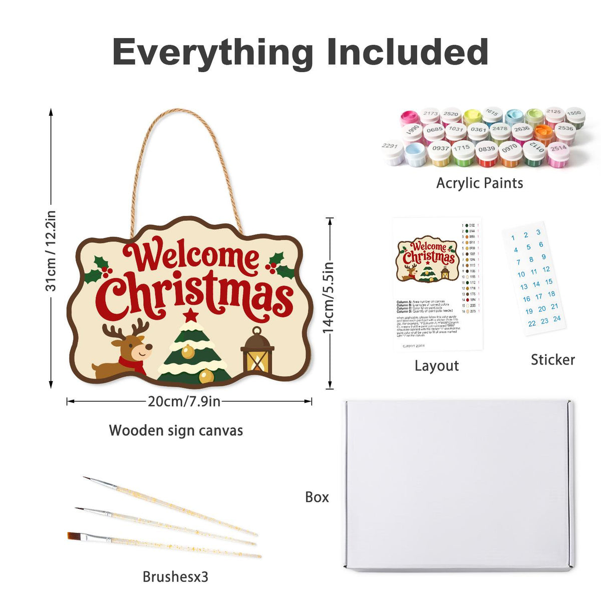 Reindeer and Lantern Welcome paint by numbers hanging sign – what's in the kit: the wooden sign, rope hanger, numbered paints and brushes