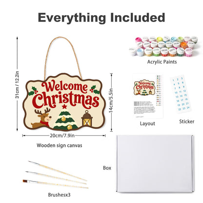 Reindeer and Lantern Welcome paint by numbers hanging sign – what's in the kit: the wooden sign, rope hanger, numbered paints and brushes