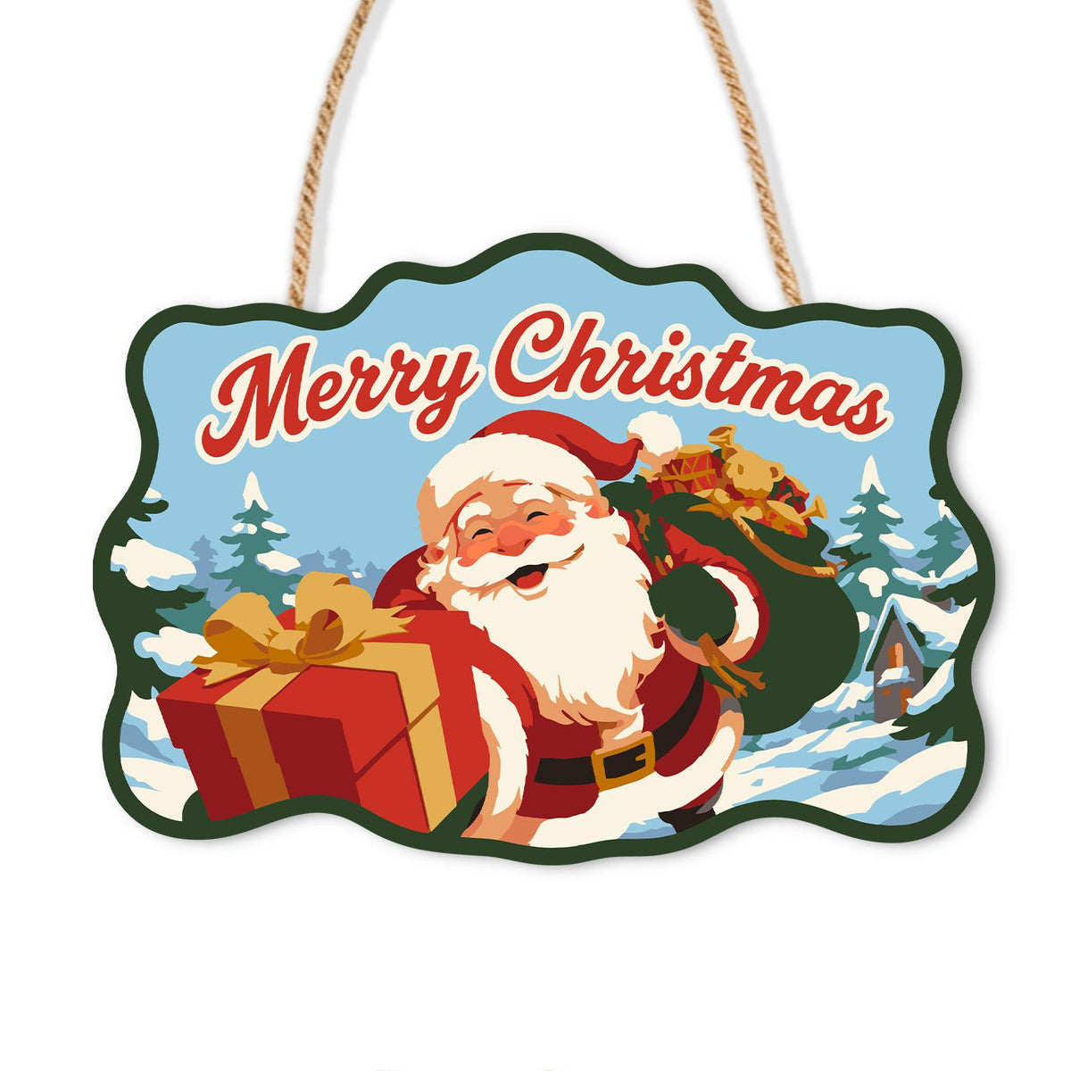 Winking Santa with Red Gift paint by numbers hanging sign – Winking Santa holding a red present with a toy sack over his shoulder among snowy pines, on a wooden sign with a rope hanger