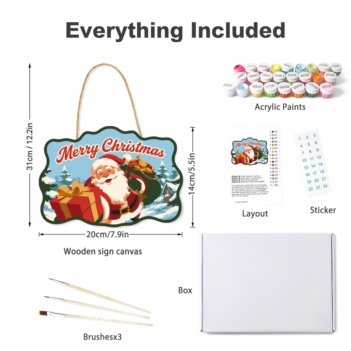Winking Santa with Red Gift paint by numbers hanging sign – what's in the kit: the wooden sign, rope hanger, numbered paints and brushes