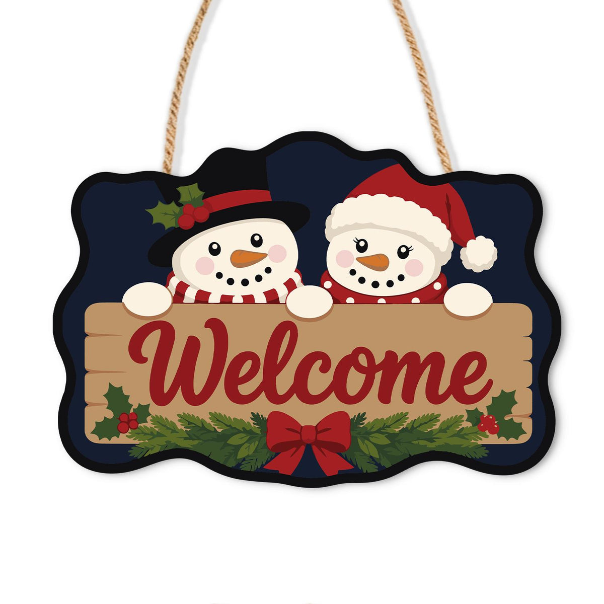 Snowmen Over a Welcome Plank paint by numbers hanging sign – Two snowmen in a top hat and a Santa hat peeking over a Welcome board with garland and a red bow, on a wooden sign with a rope hanger