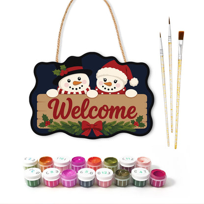 Snowmen Over a Welcome Plank paint by numbers hanging sign – image 2