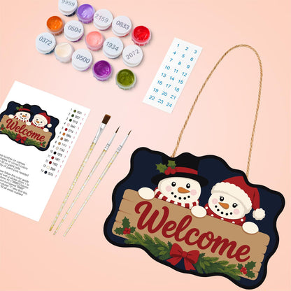 Snowmen Over a Welcome Plank paint by numbers hanging sign – image 4