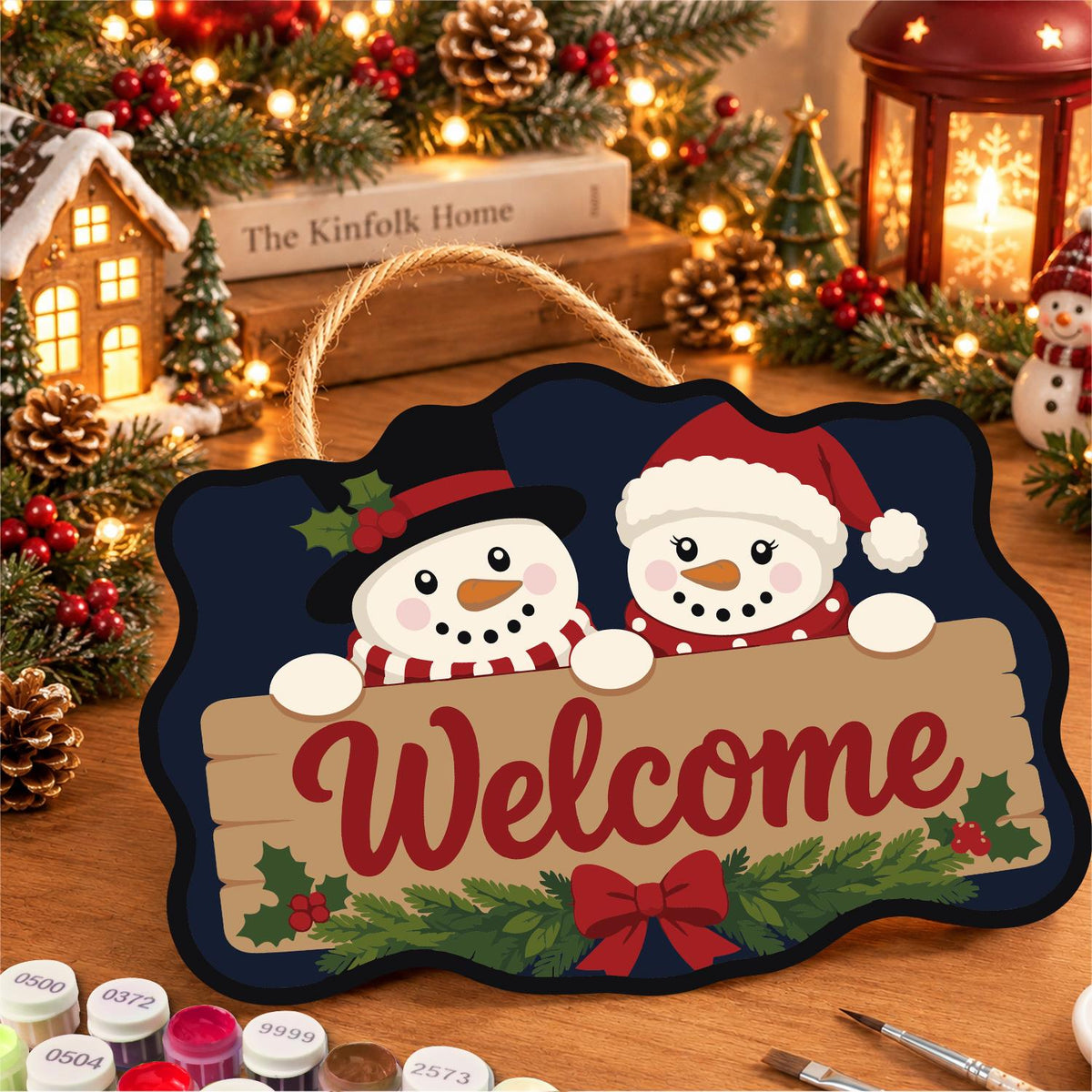Snowmen Over a Welcome Plank paint by numbers hanging sign – image 8