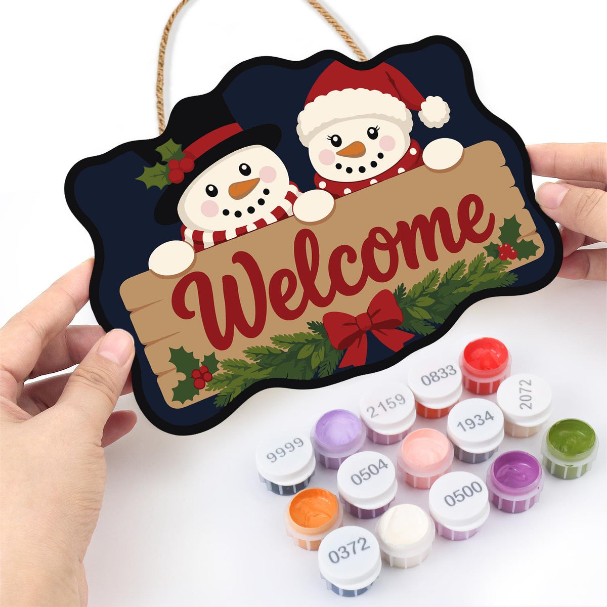 Snowmen Over a Welcome Plank paint by numbers hanging sign – image 9