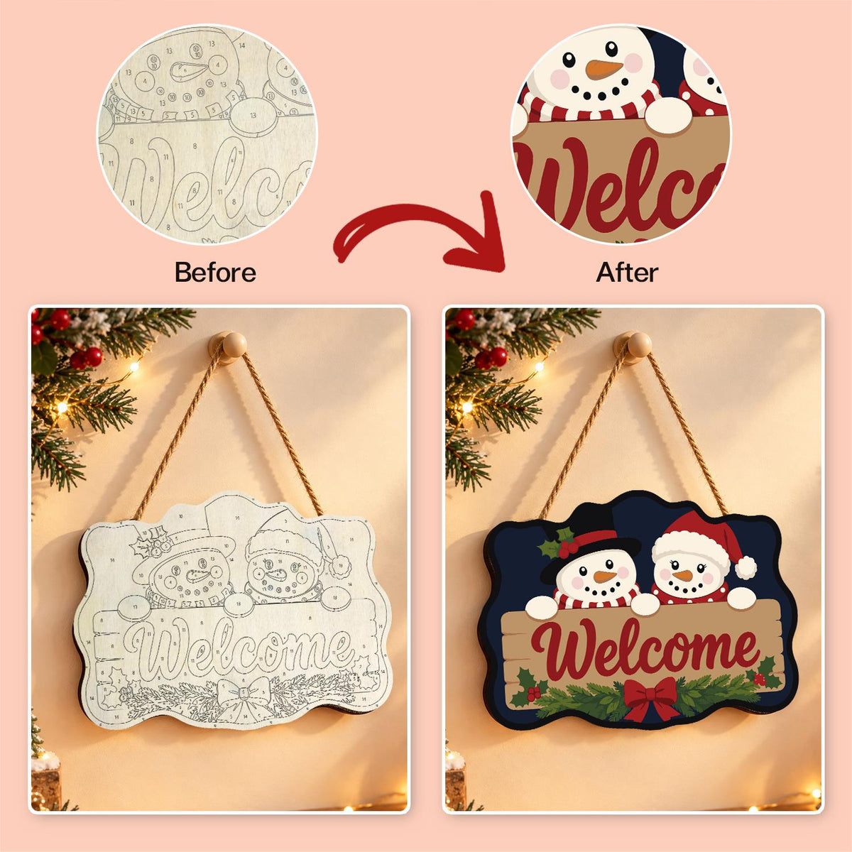 Snowmen Over a Welcome Plank paint by numbers hanging sign – image 10