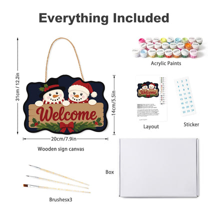 Snowmen Over a Welcome Plank paint by numbers hanging sign – what's in the kit: the wooden sign, rope hanger, numbered paints and brushes