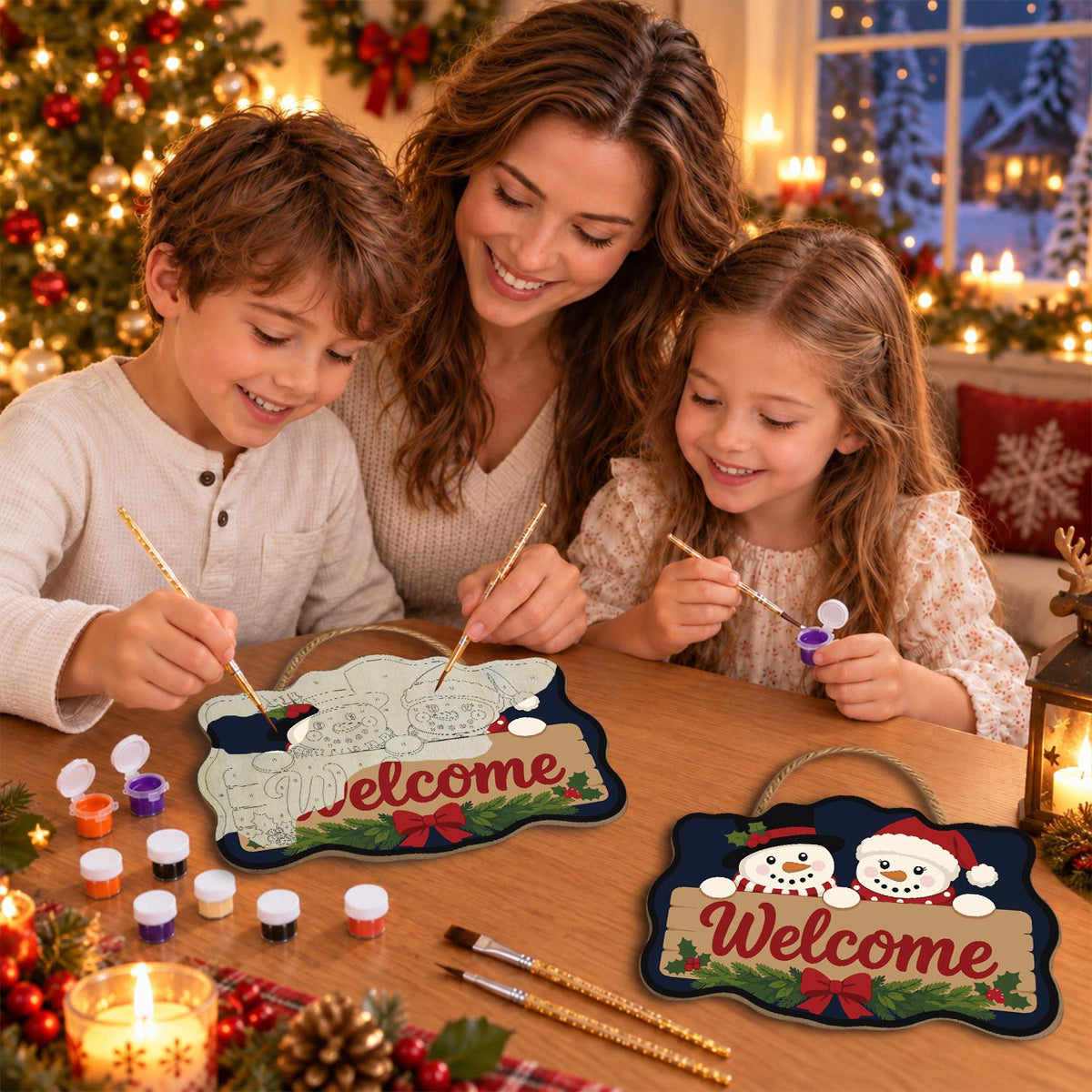 Snowmen Over a Welcome Plank paint by numbers hanging sign – image 12