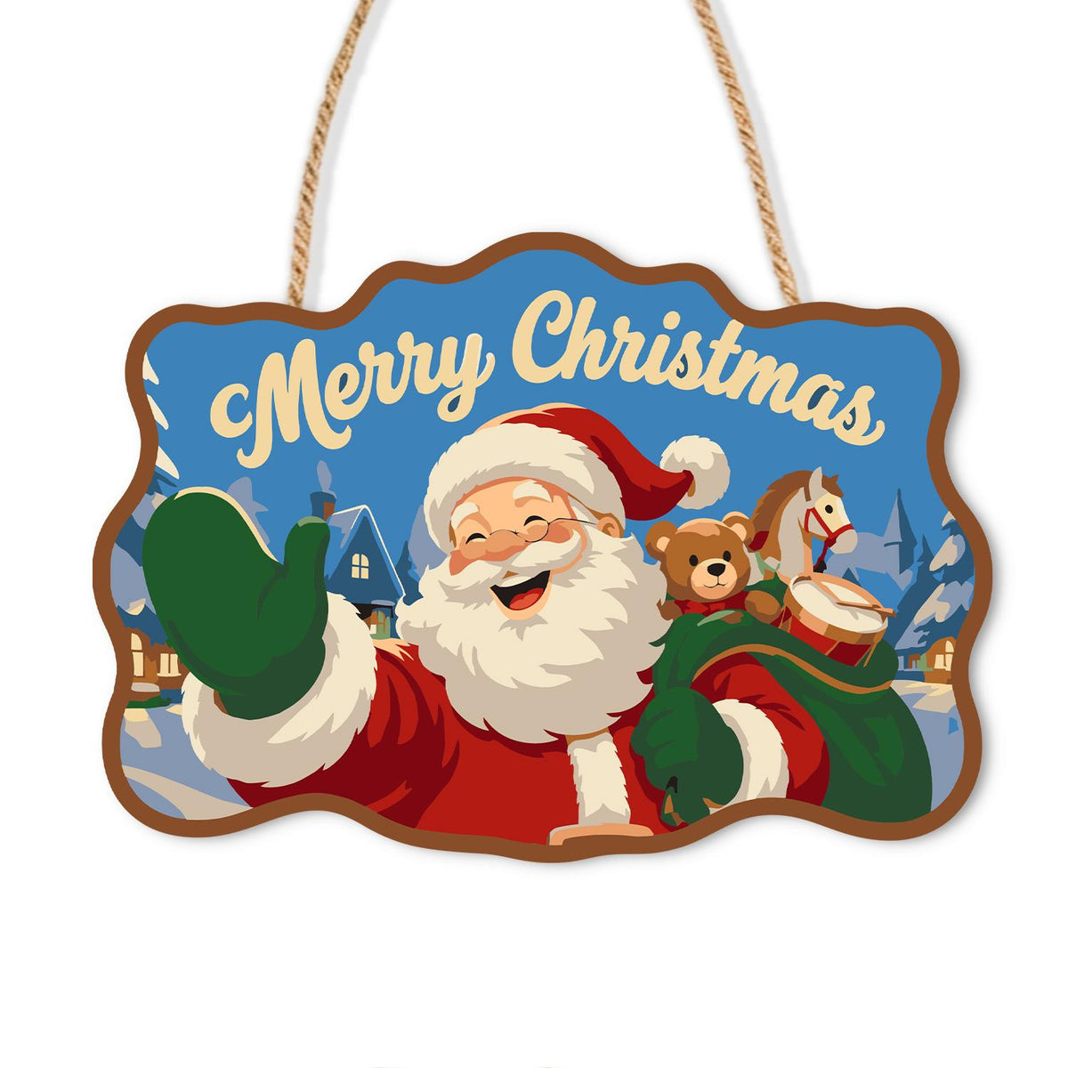 Santa's Teddy Bear Toy Sack paint by numbers hanging sign – Laughing Santa waving a green mitten, his sack holding a teddy bear and rocking horse, snowy village, on a wooden sign with a rope hanger