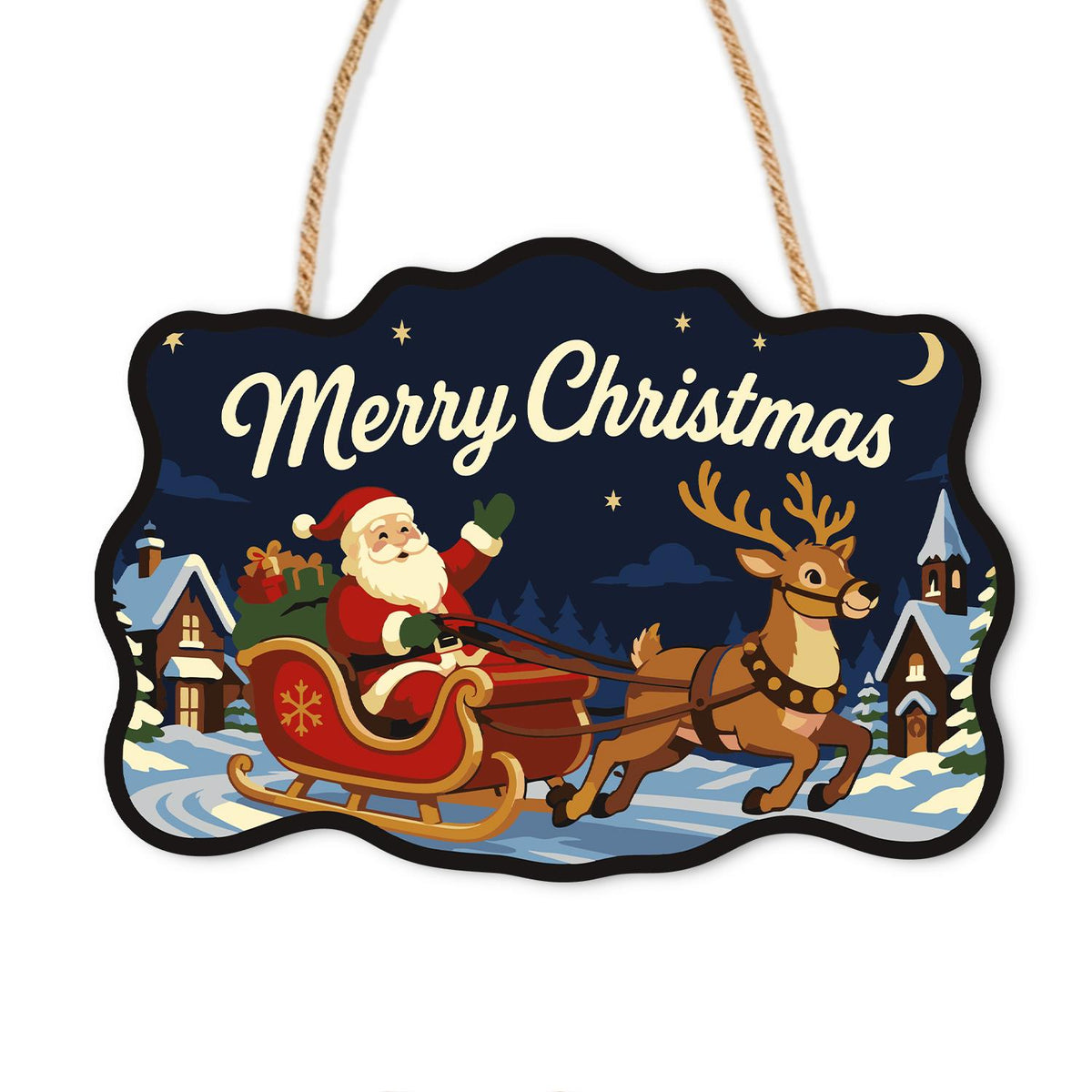 Santa's Sleigh Through Town paint by numbers hanging sign – Santa driving his sleigh behind a reindeer through a snowy village under a crescent moon, on a wooden sign with a rope hanger
