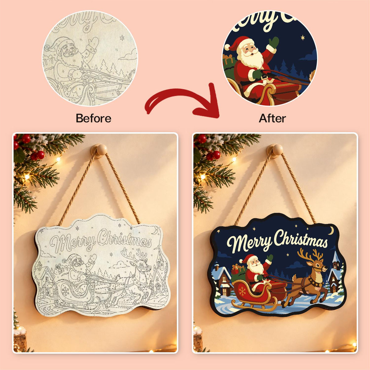 Santa's Sleigh Through Town paint by numbers hanging sign – image 10