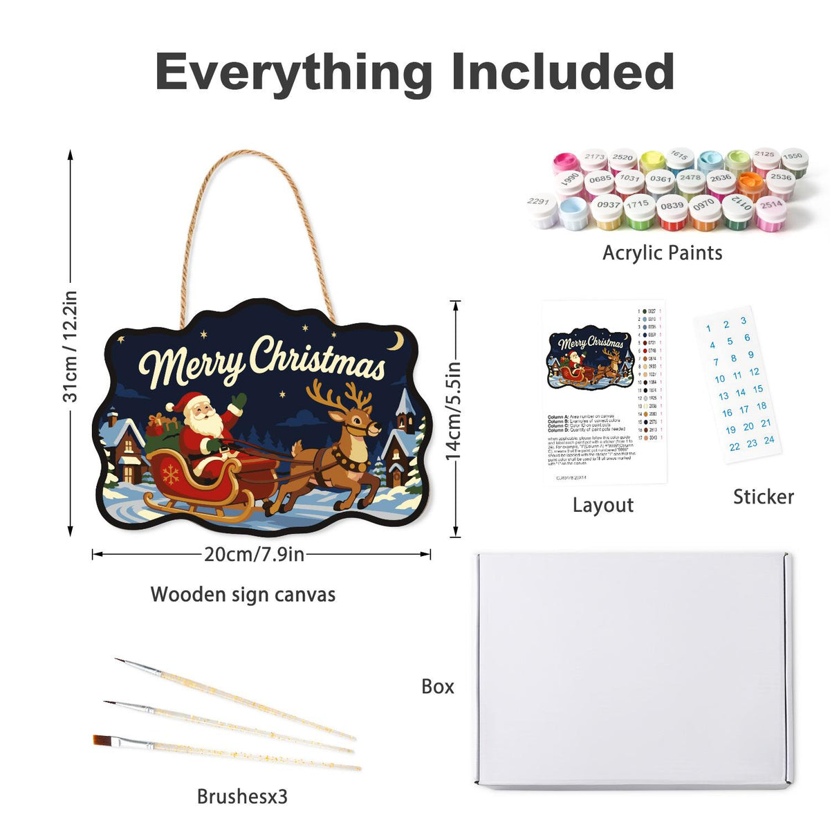 Santa's Sleigh Through Town paint by numbers hanging sign – what's in the kit: the wooden sign, rope hanger, numbered paints and brushes