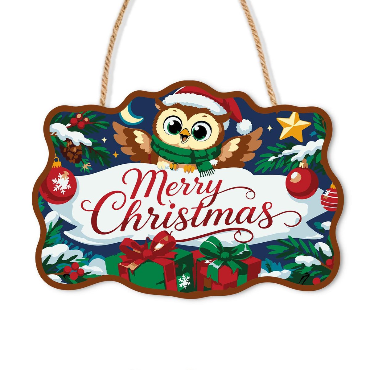 Santa Hat Owl Over a Banner paint by numbers hanging sign – Owl in a Santa hat and green scarf above a Merry Christmas banner with baubles and gifts, on a wooden sign with a rope hanger
