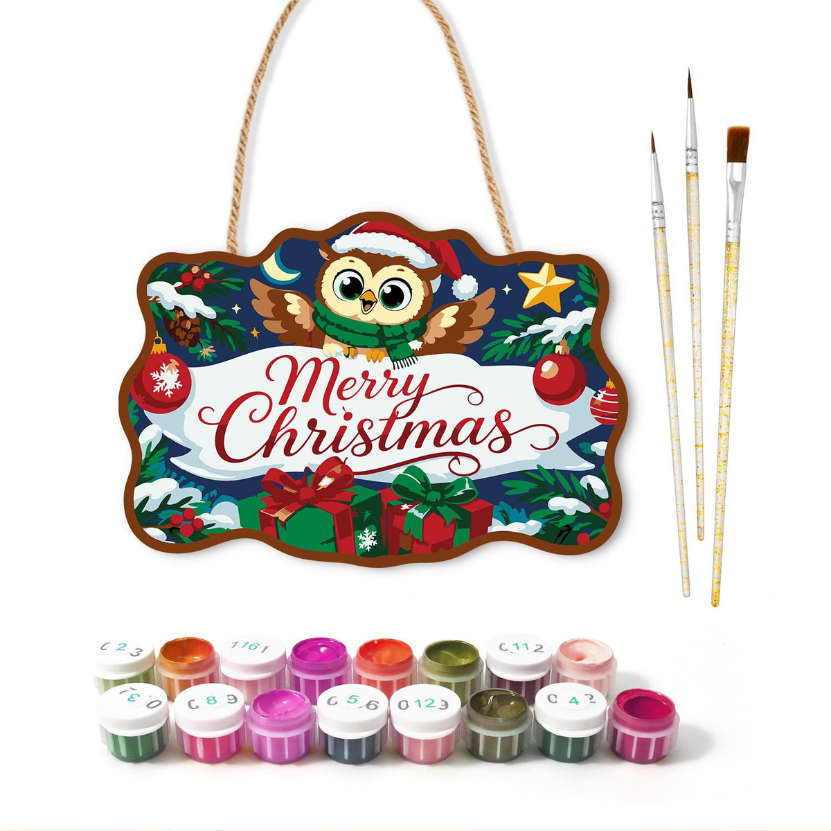 Santa Hat Owl Over a Banner paint by numbers hanging sign – image 2