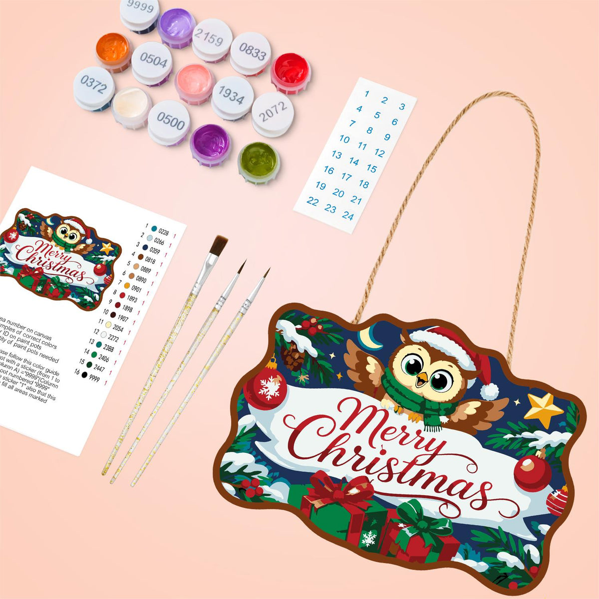 Santa Hat Owl Over a Banner paint by numbers hanging sign – image 4