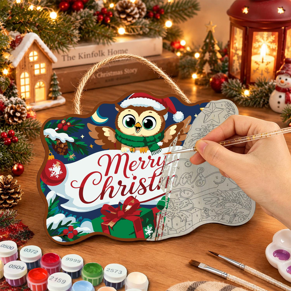 Santa Hat Owl Over a Banner paint by numbers hanging sign – image 7