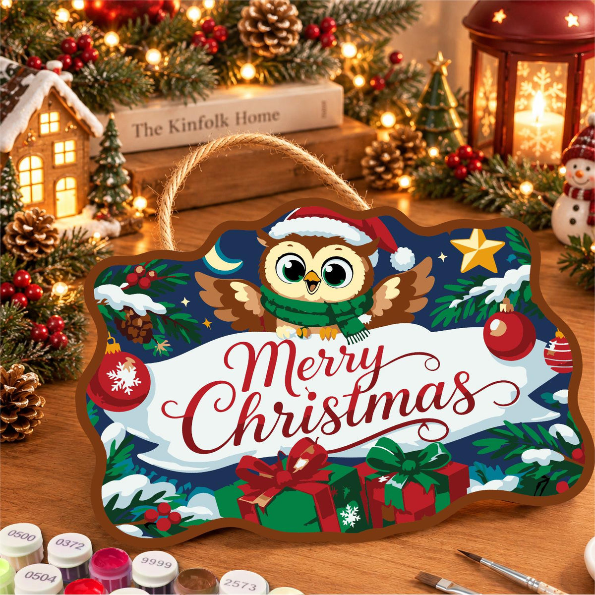 Santa Hat Owl Over a Banner paint by numbers hanging sign – image 8