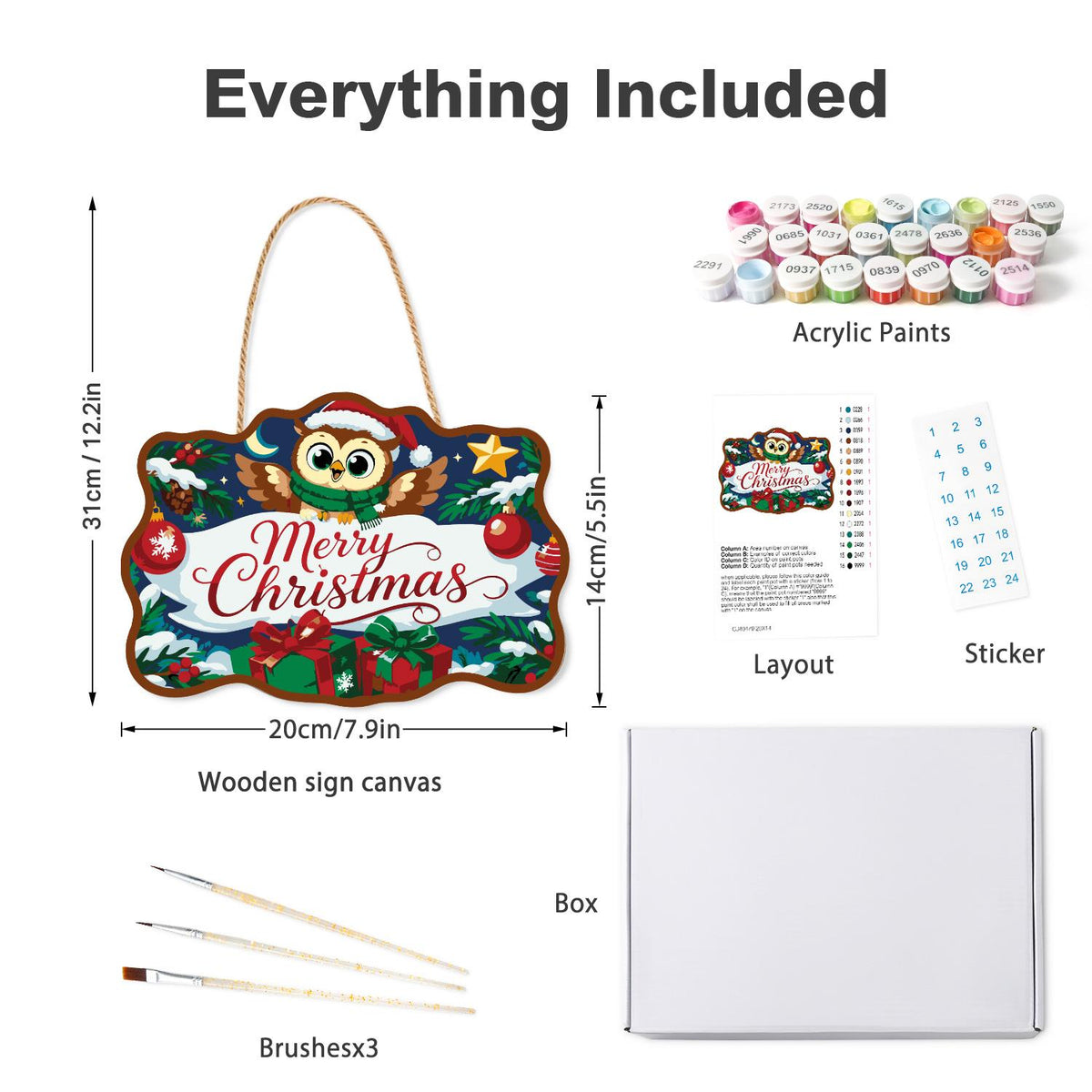 Santa Hat Owl Over a Banner paint by numbers hanging sign – what's in the kit: the wooden sign, rope hanger, numbered paints and brushes