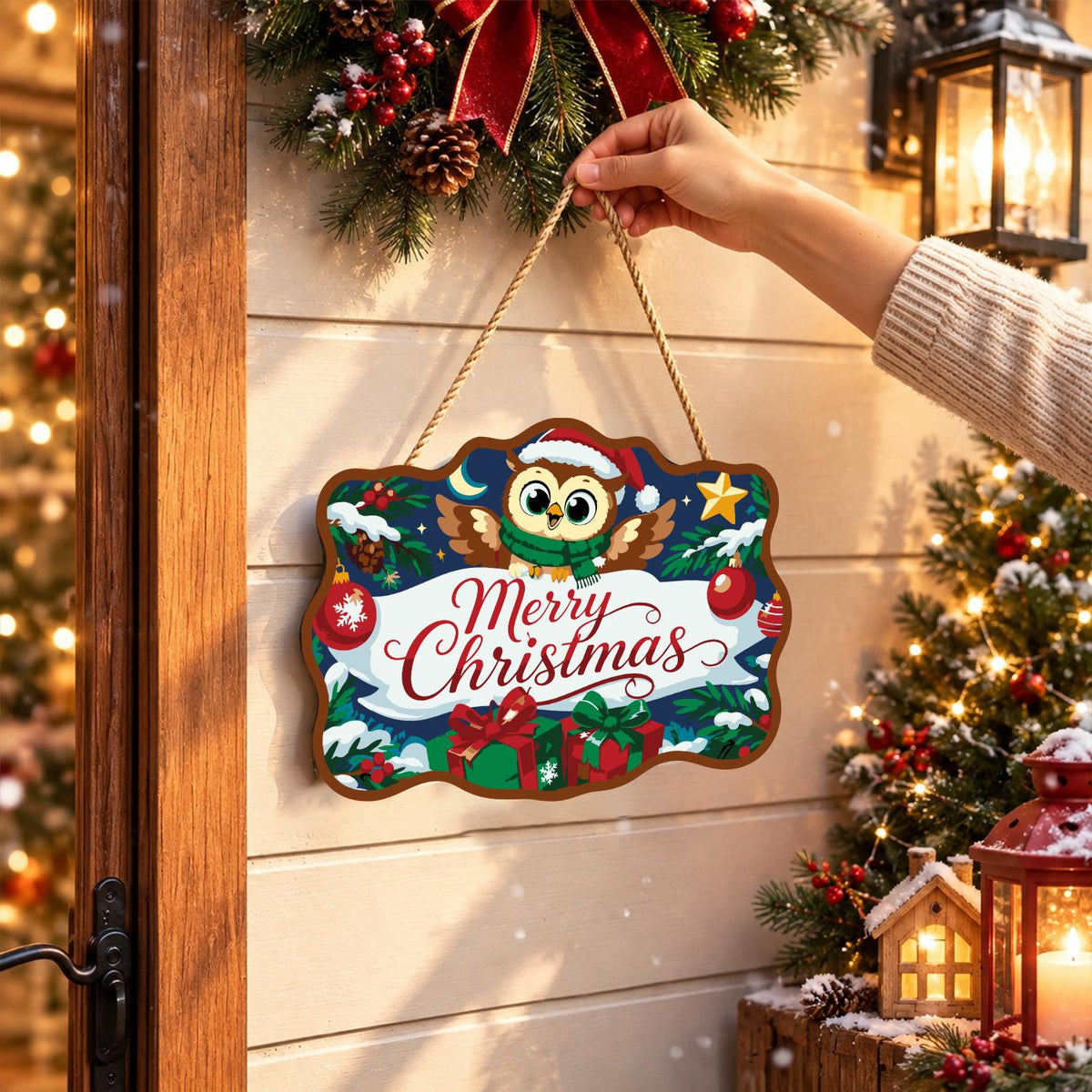 Santa Hat Owl Over a Banner paint by numbers hanging sign – image 14