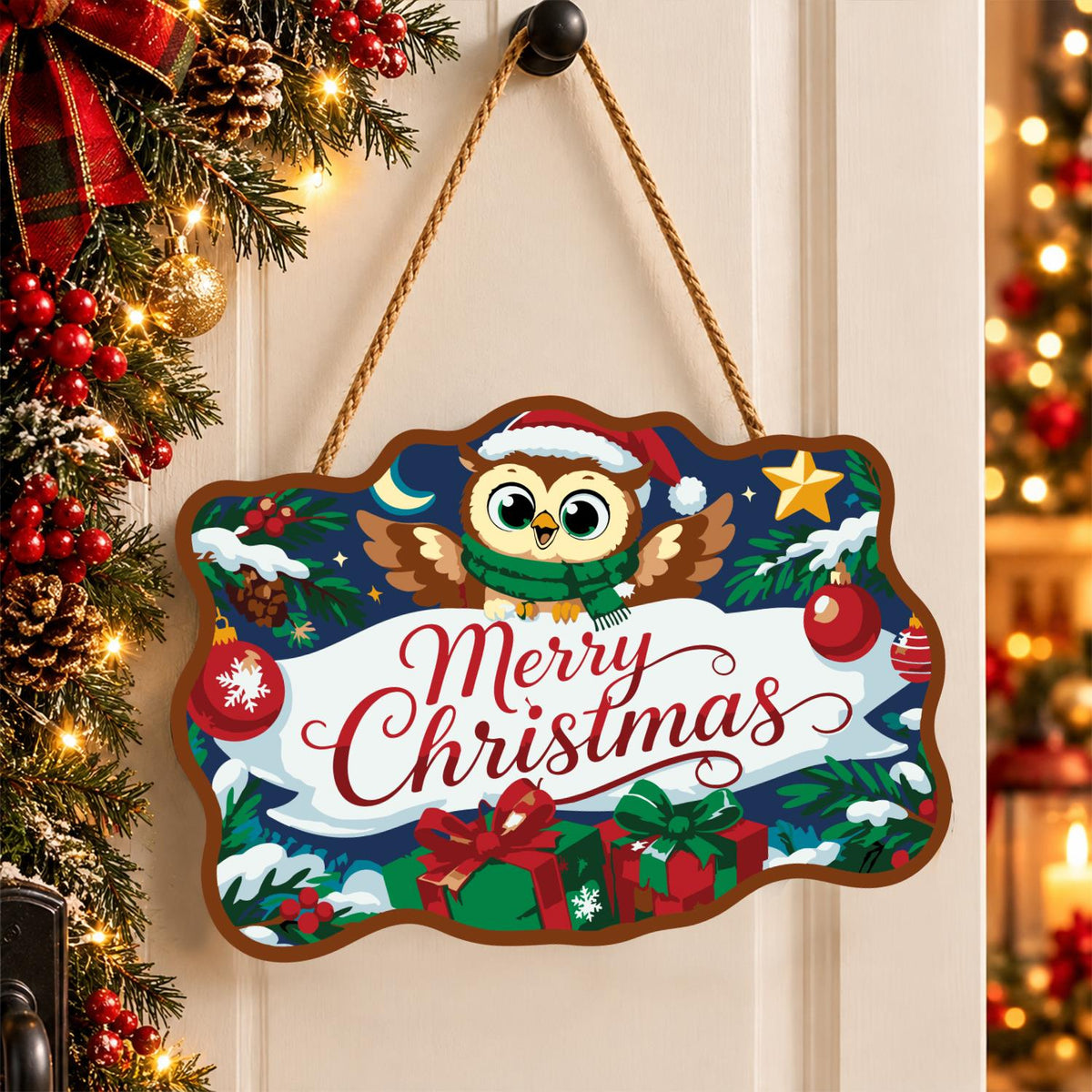 Santa Hat Owl Over a Banner paint by numbers hanging sign – image 16