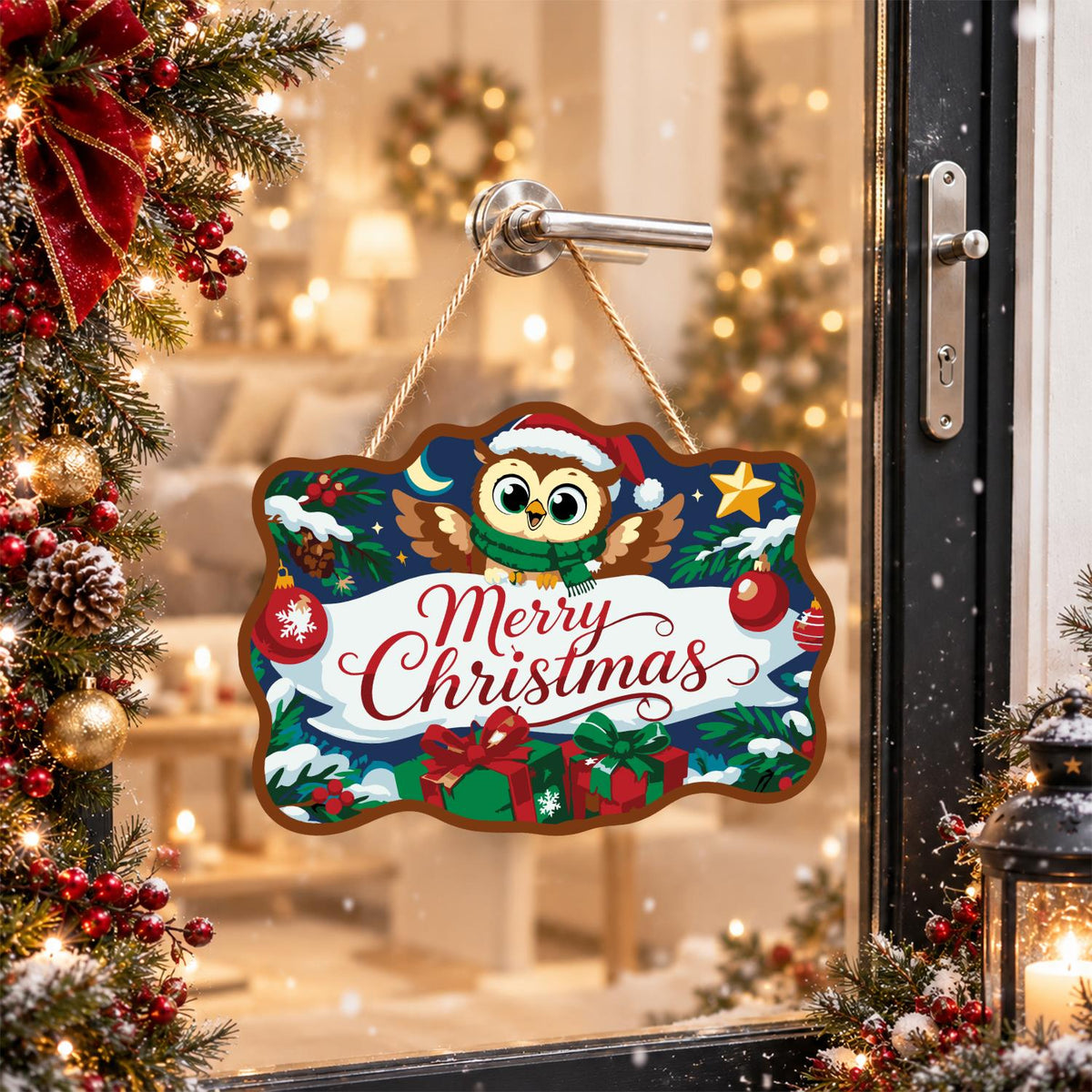 Santa Hat Owl Over a Banner paint by numbers hanging sign – image 17