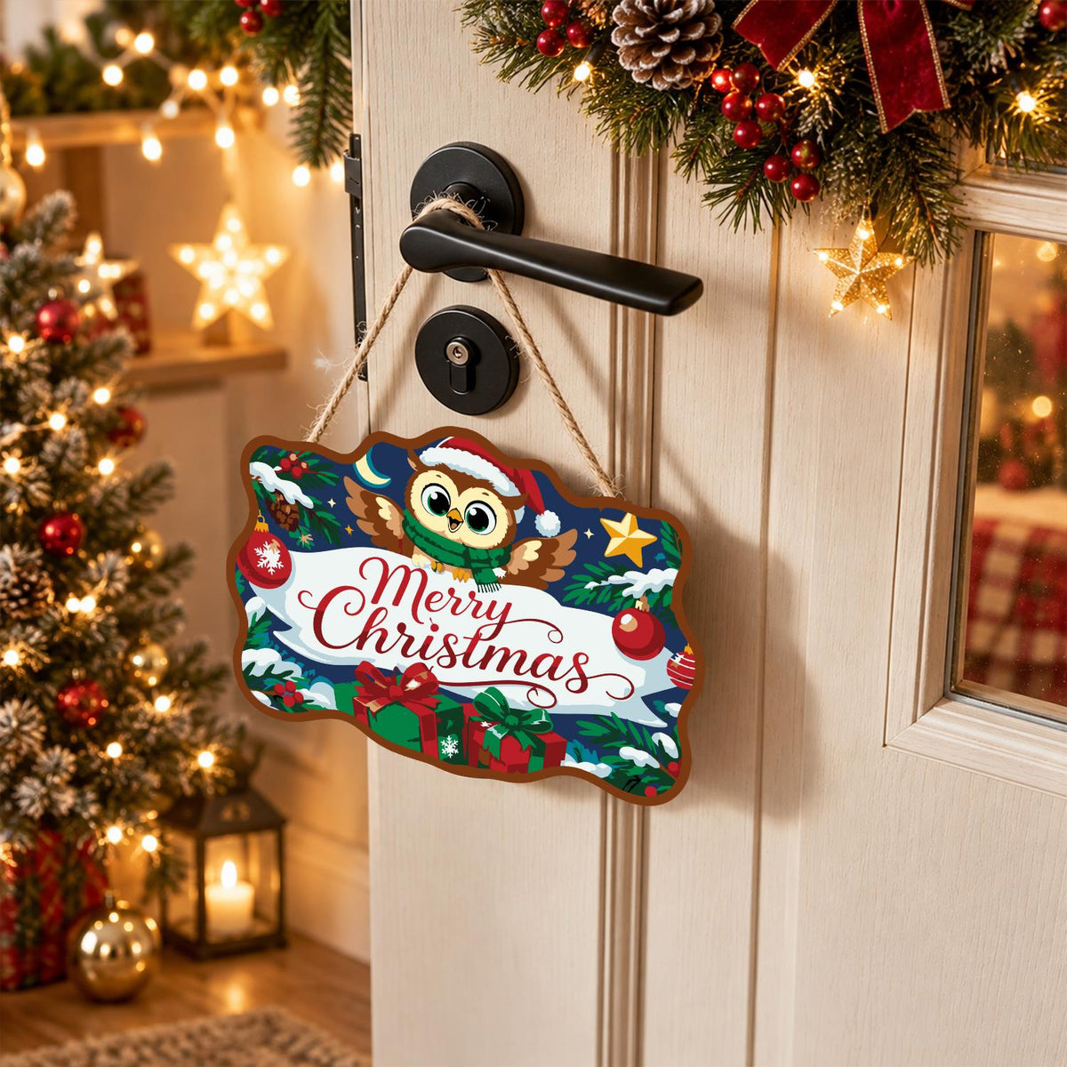 Santa Hat Owl Over a Banner paint by numbers hanging sign – image 18