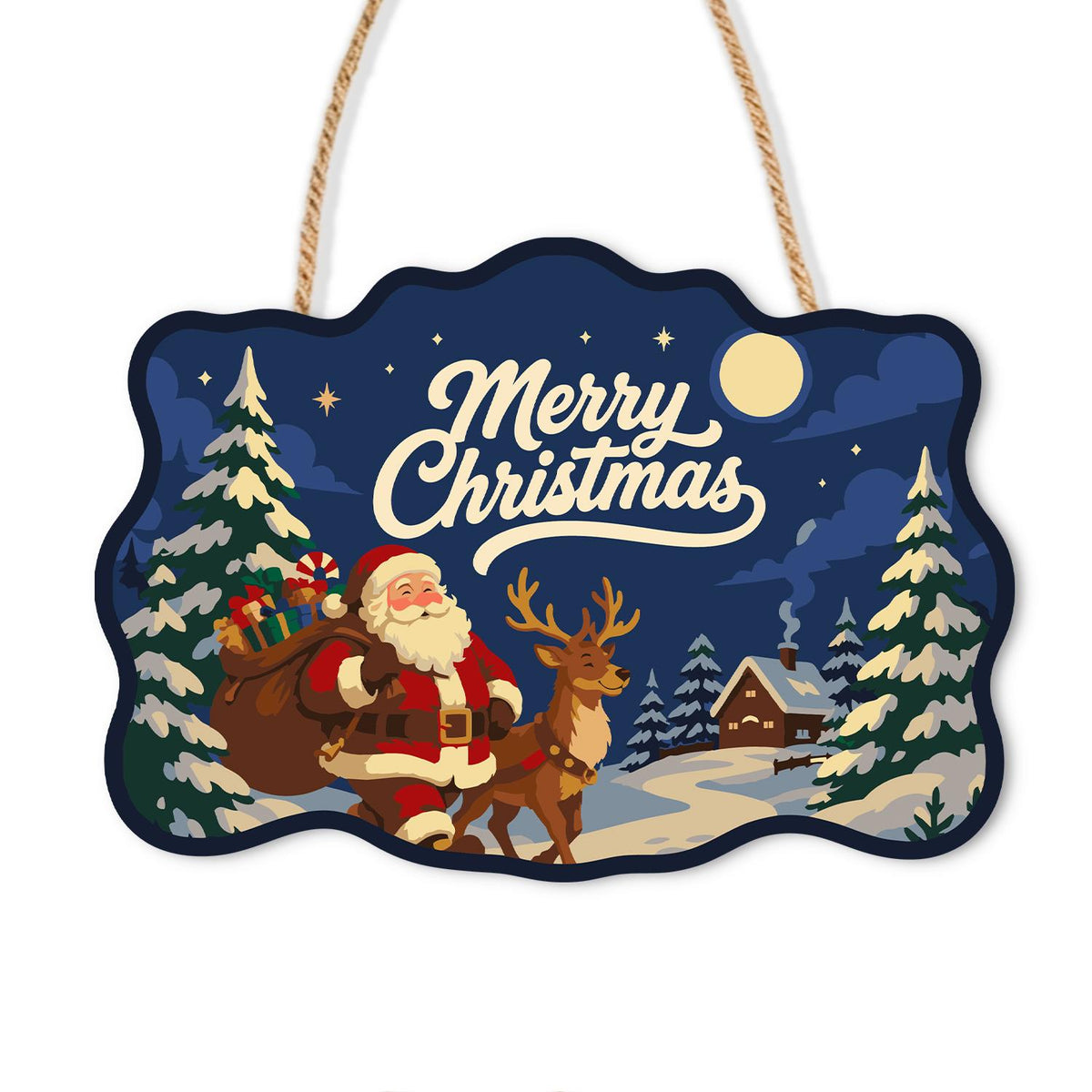 Santa's Moonlit Village Stroll paint by numbers hanging sign – Santa carrying a gift sack beside a reindeer on a snowy path to a village under a full moon, on a wooden sign with a rope hanger