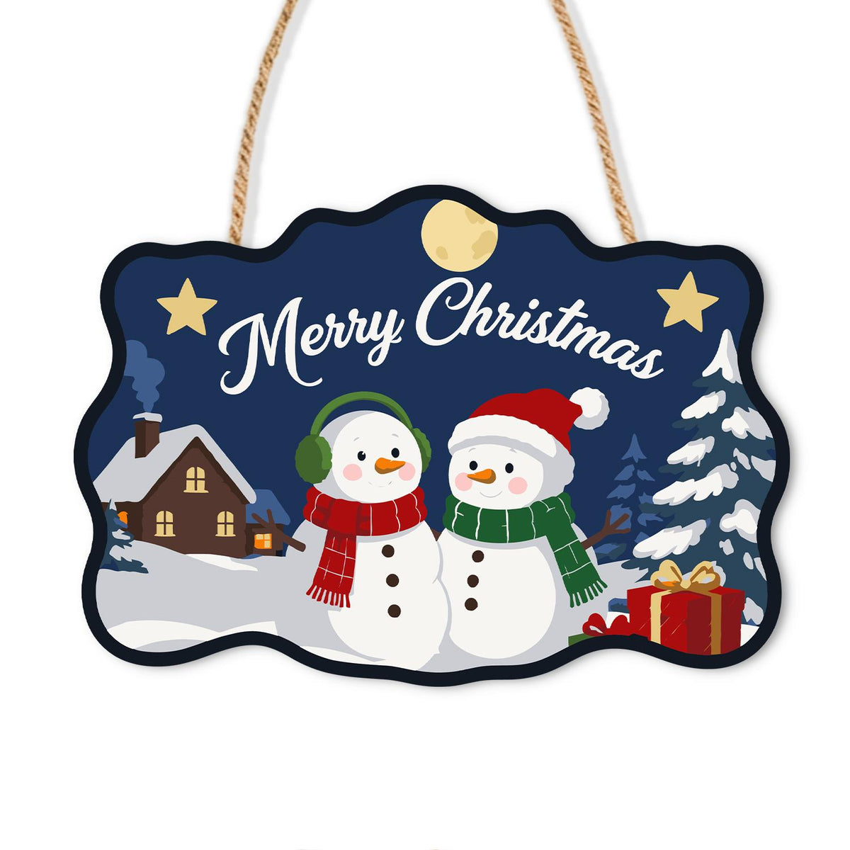 Snowman Pair by the Cabin paint by numbers hanging sign – Two snowmen in scarves, one in earmuffs and one in a Santa hat, with a gift by a snowy cabin, on a wooden sign with a rope hanger