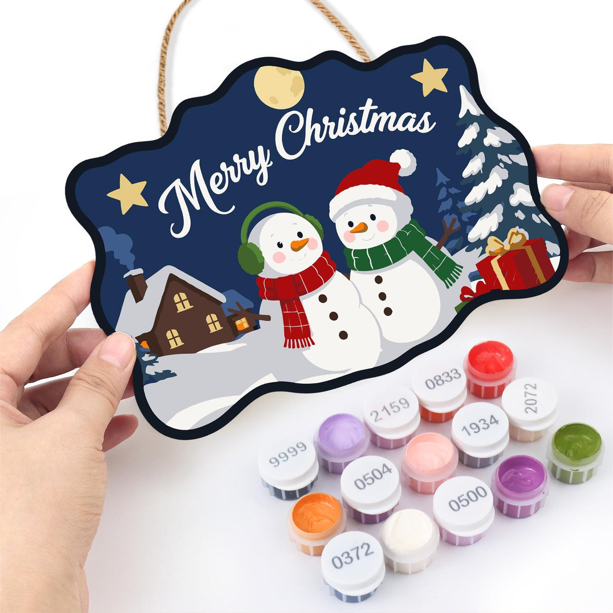 Snowman Pair by the Cabin paint by numbers hanging sign – image 9
