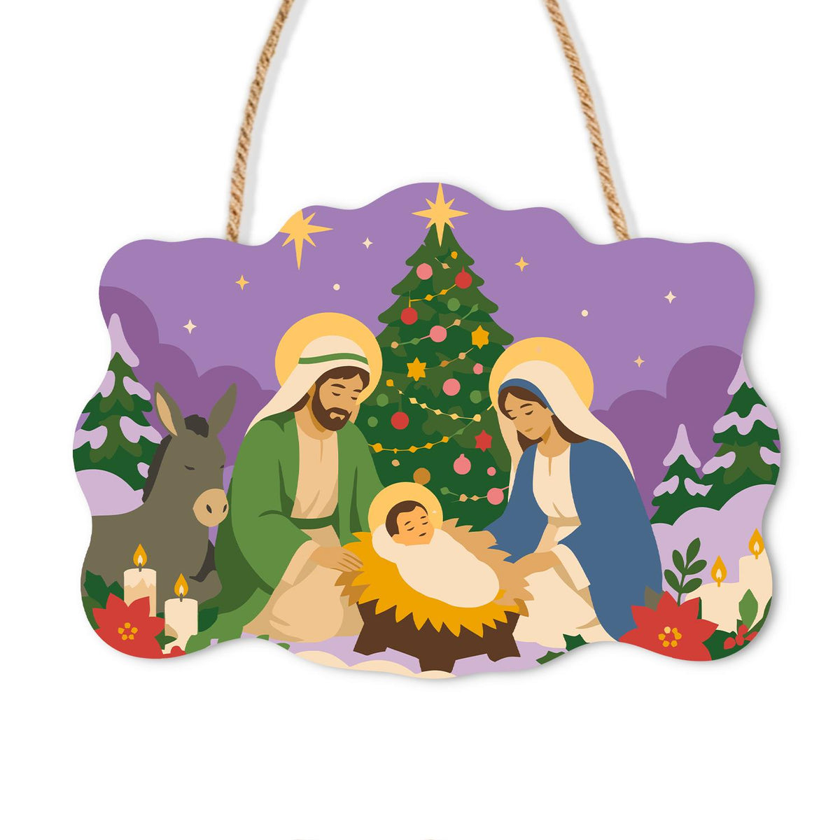 Holy Family Beneath the Tree paint by numbers hanging sign – Mary, Joseph and baby Jesus in a manger with a donkey before a decorated Christmas tree, on a wooden sign with a rope hanger
