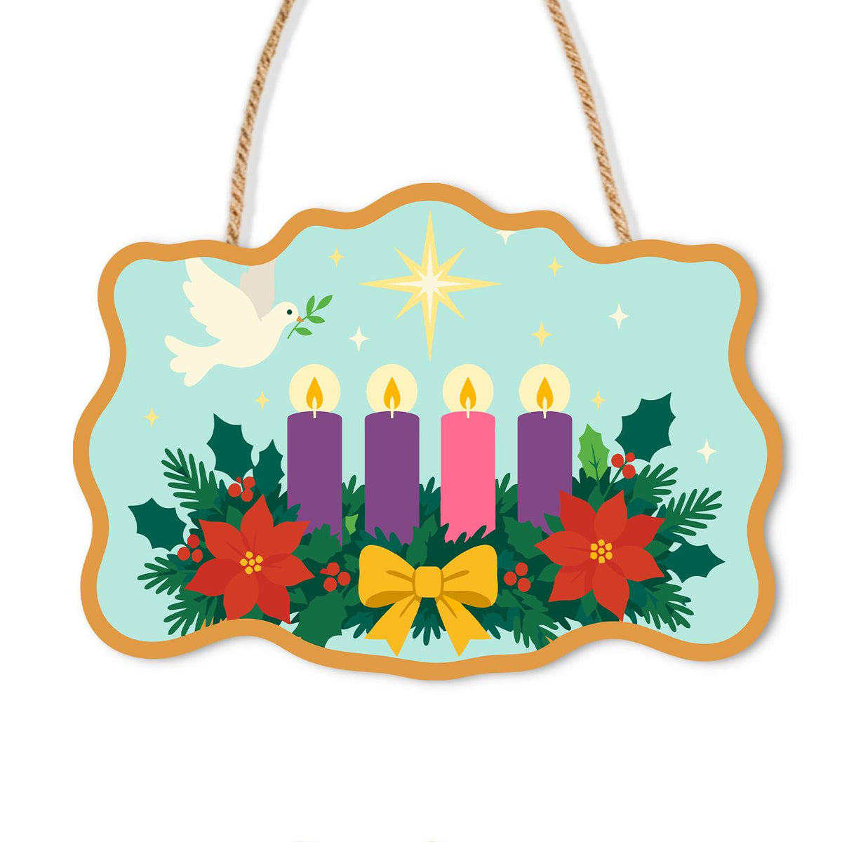Peace Dove Over Advent Candles paint by numbers hanging sign – Three purple and one pink lit Advent candles with poinsettias, holly, a gold bow, a dove and a star, on a wooden sign with a rope hanger