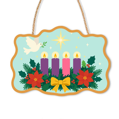 Peace Dove Over Advent Candles paint by numbers hanging sign – Three purple and one pink lit Advent candles with poinsettias, holly, a gold bow, a dove and a star, on a wooden sign with a rope hanger