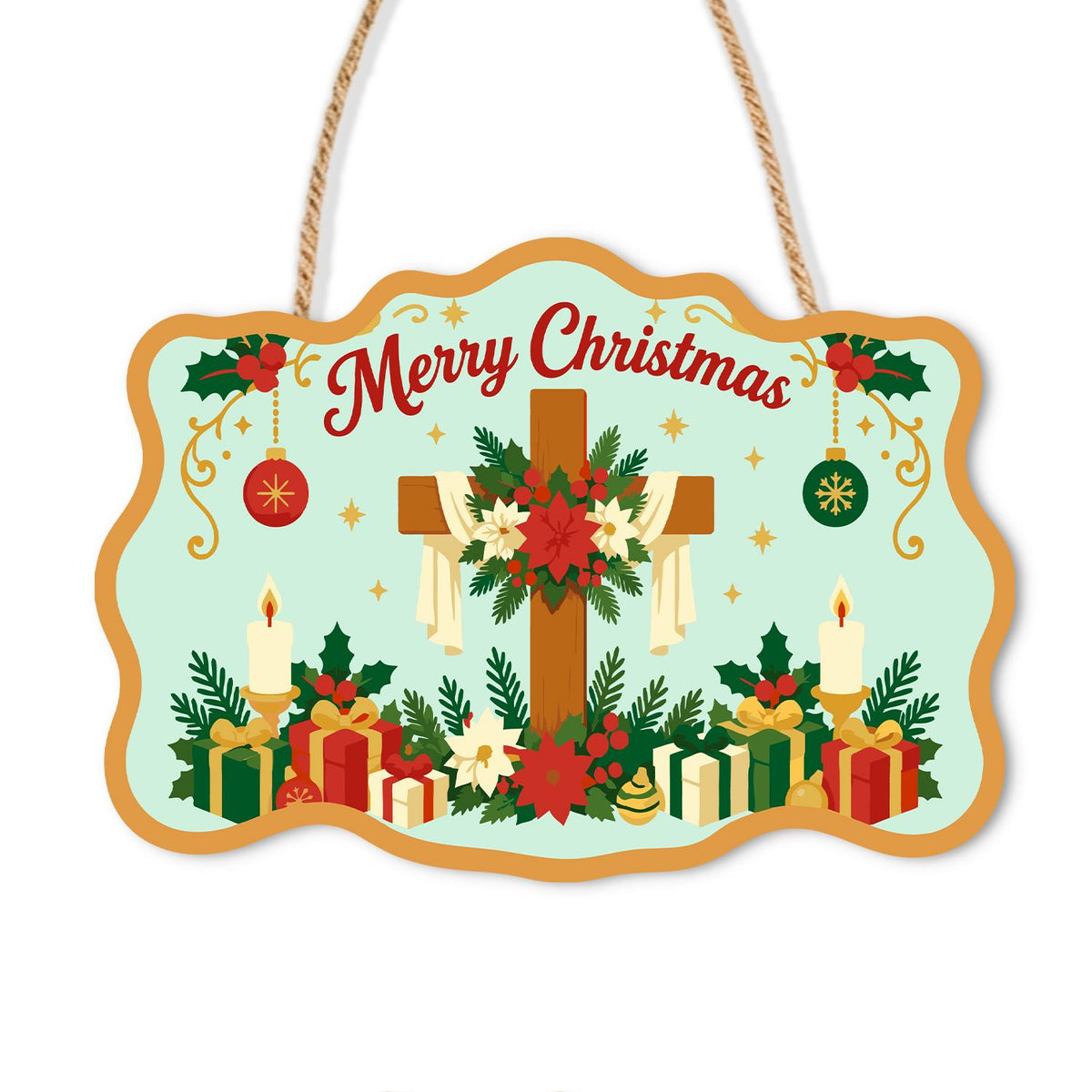 Poinsettia Cross and Candles paint by numbers hanging sign – Wooden cross wrapped in poinsettias and greenery with candles, baubles and gifts below Merry Christmas, on a wooden sign with a rope hanger