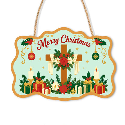 Poinsettia Cross and Candles paint by numbers hanging sign – Wooden cross wrapped in poinsettias and greenery with candles, baubles and gifts below Merry Christmas, on a wooden sign with a rope hanger