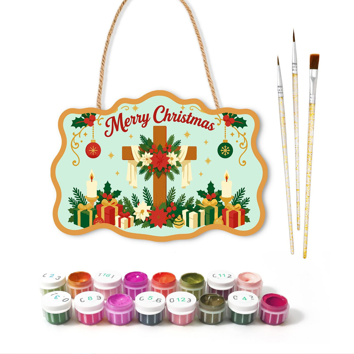 Poinsettia Cross and Candles paint by numbers hanging sign – image 2