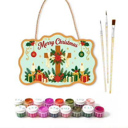 Poinsettia Cross and Candles paint by numbers hanging sign – image 2