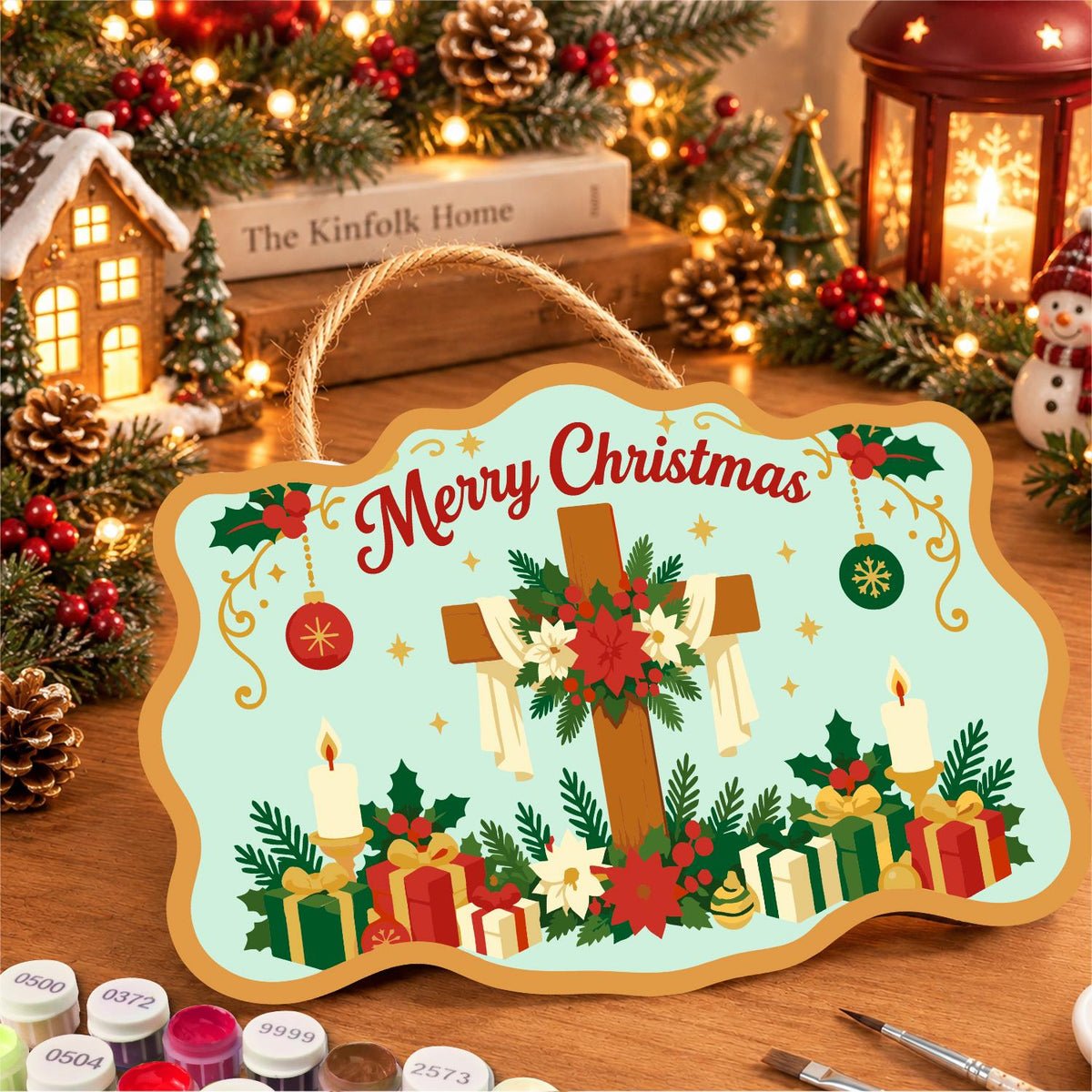 Poinsettia Cross and Candles paint by numbers hanging sign – image 8