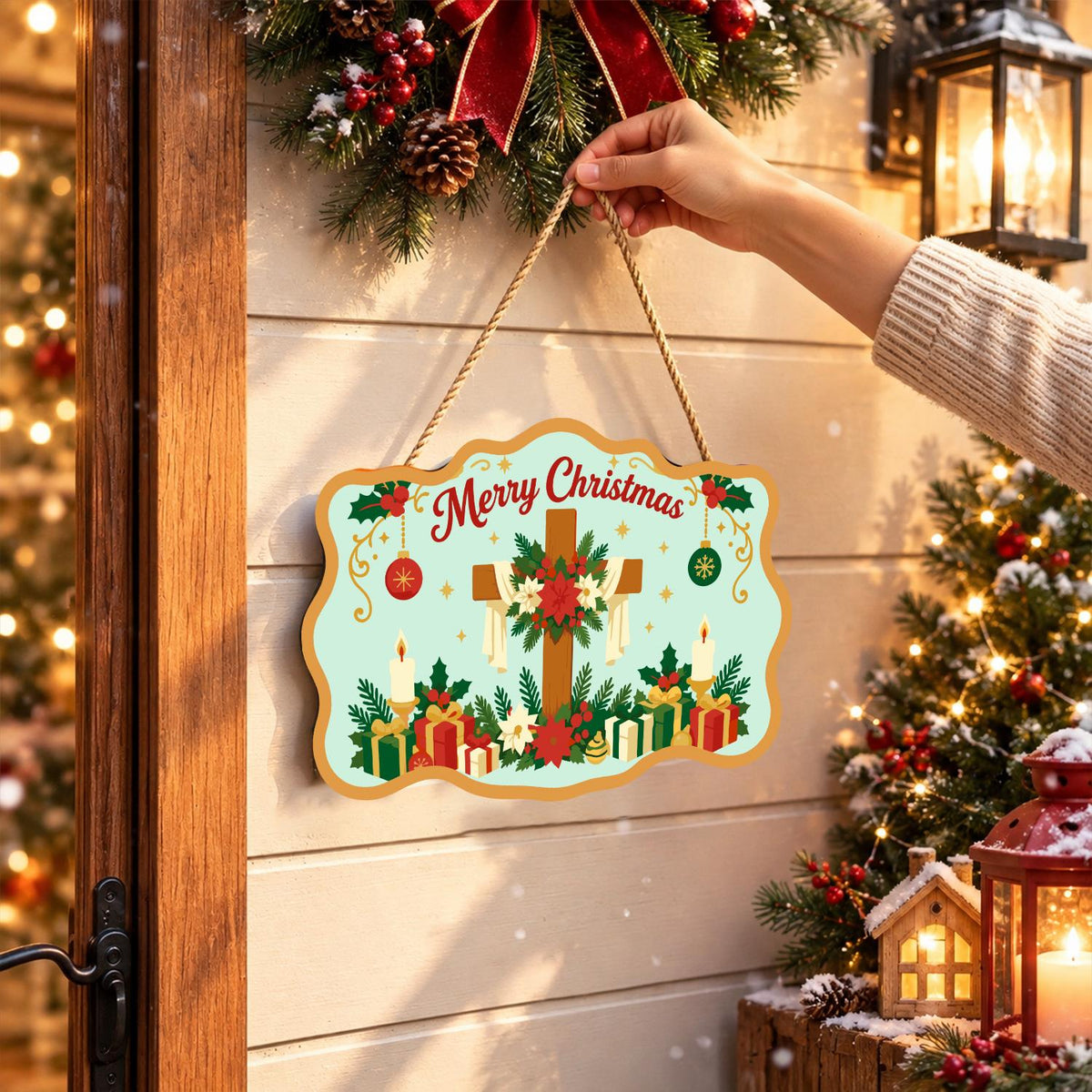 Poinsettia Cross and Candles paint by numbers hanging sign – image 14
