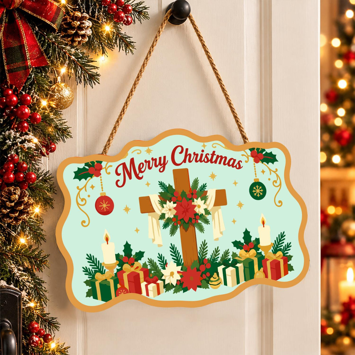 Poinsettia Cross and Candles paint by numbers hanging sign – image 16