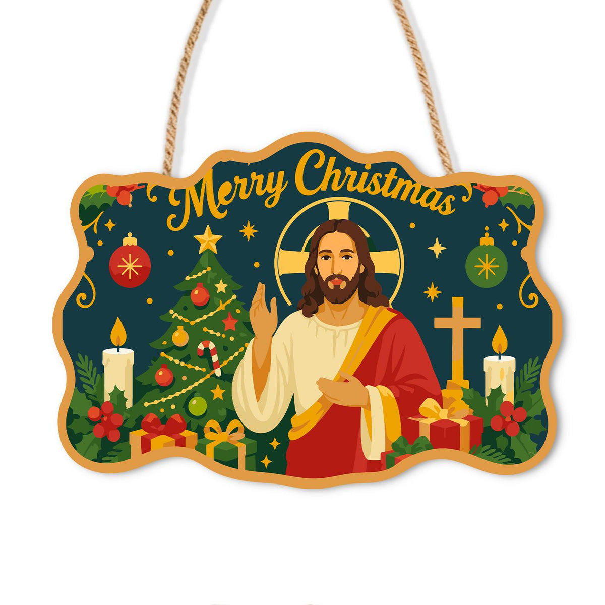 Jesus Between Tree and Cross paint by numbers hanging sign – Haloed Jesus raising a hand in blessing between a Christmas tree and a cross, with candles and gifts, on a wooden sign with a rope hanger