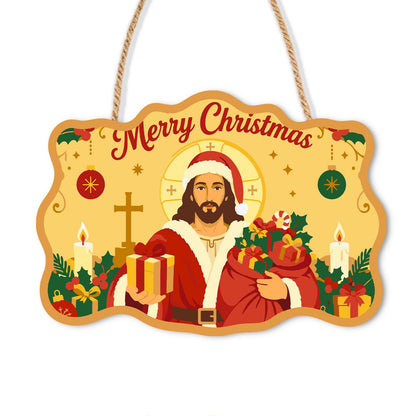 Golden Halo Jesus in Santa Coat paint by numbers hanging sign – Jesus in a Santa hat and coat holding a gift and toy sack on gold, with a cross and candles, on a wooden sign with a rope hanger