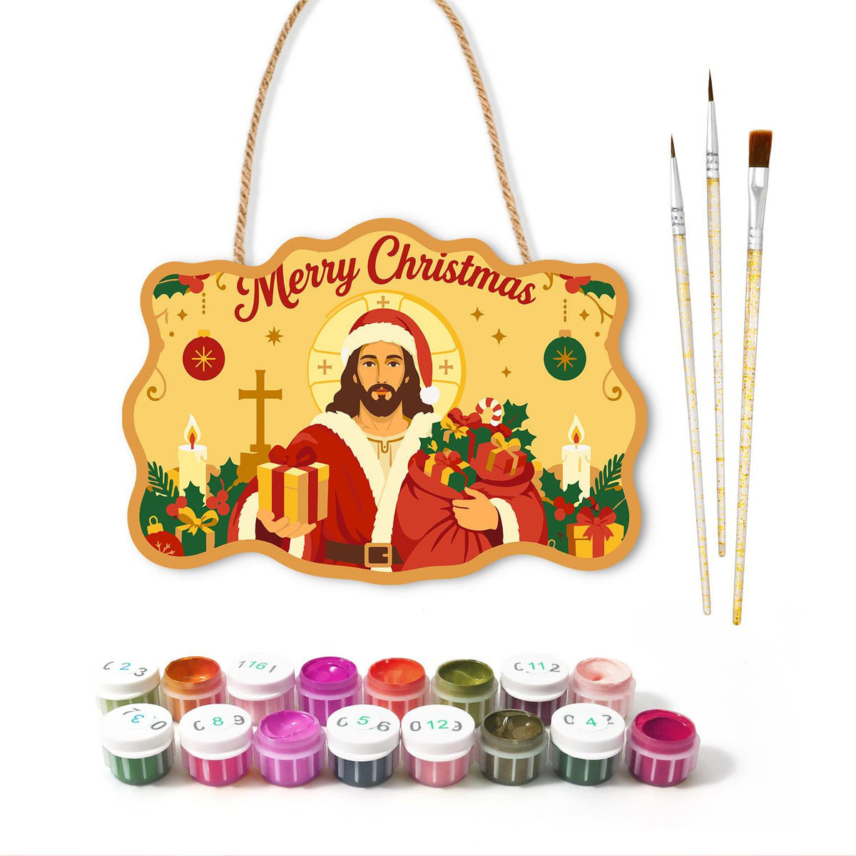 Golden Halo Jesus in Santa Coat paint by numbers hanging sign – image 2