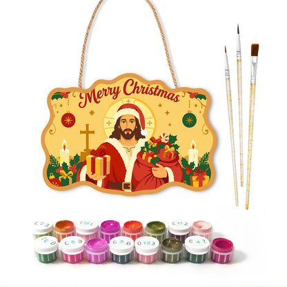 Golden Halo Jesus in Santa Coat paint by numbers hanging sign – image 2