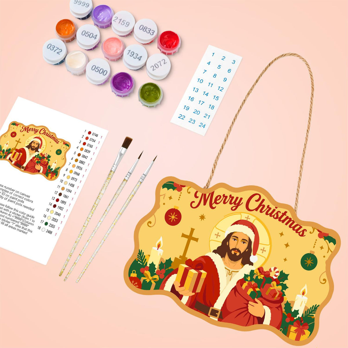 Golden Halo Jesus in Santa Coat paint by numbers hanging sign – image 4