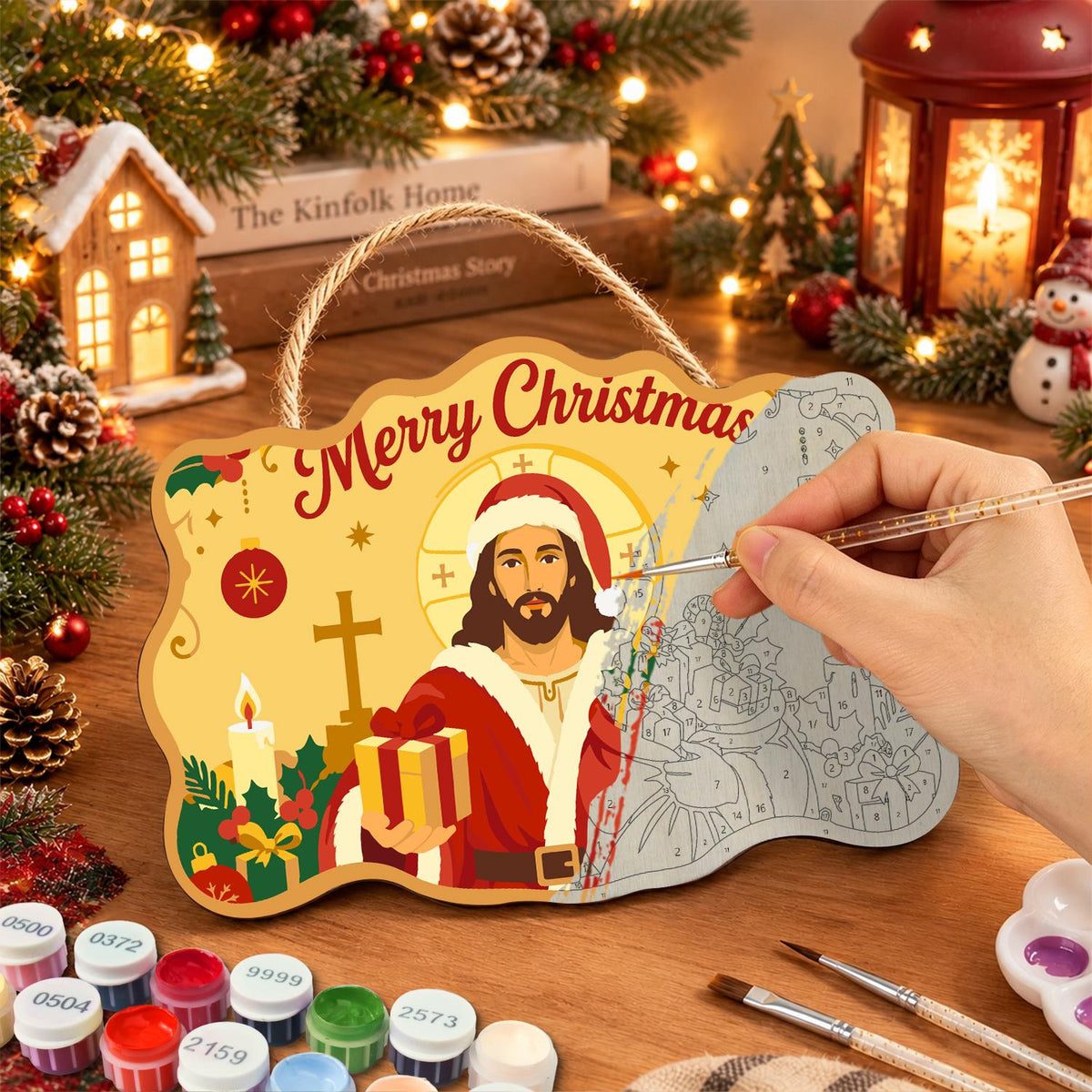 Golden Halo Jesus in Santa Coat paint by numbers hanging sign – image 7