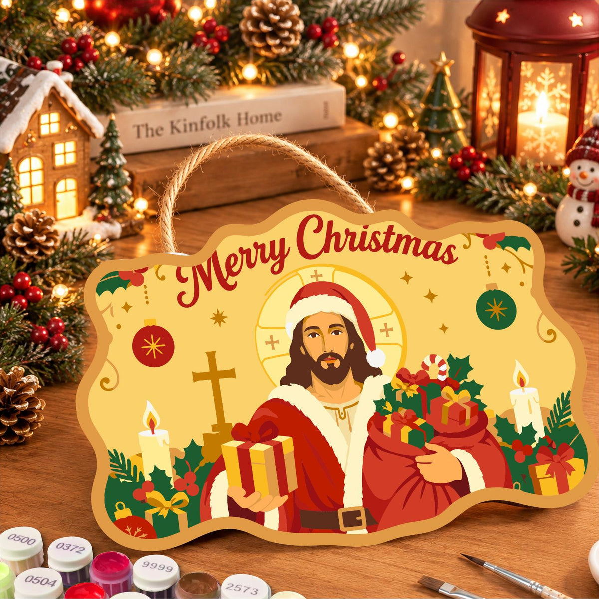 Golden Halo Jesus in Santa Coat paint by numbers hanging sign – image 8
