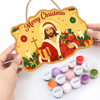 Golden Halo Jesus in Santa Coat paint by numbers hanging sign – image 9