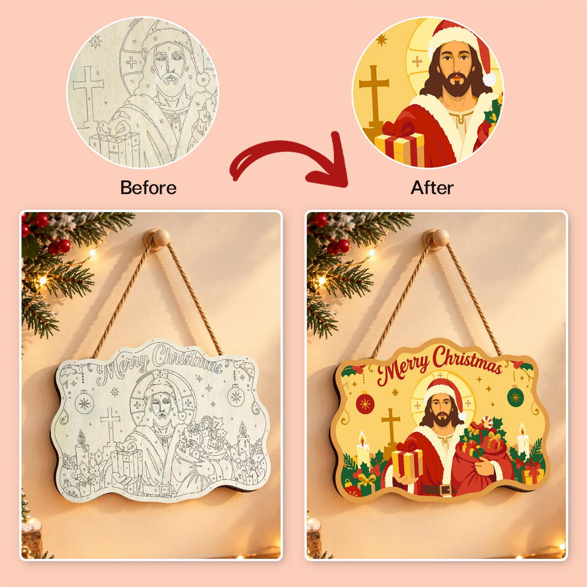 Golden Halo Jesus in Santa Coat paint by numbers hanging sign – image 10