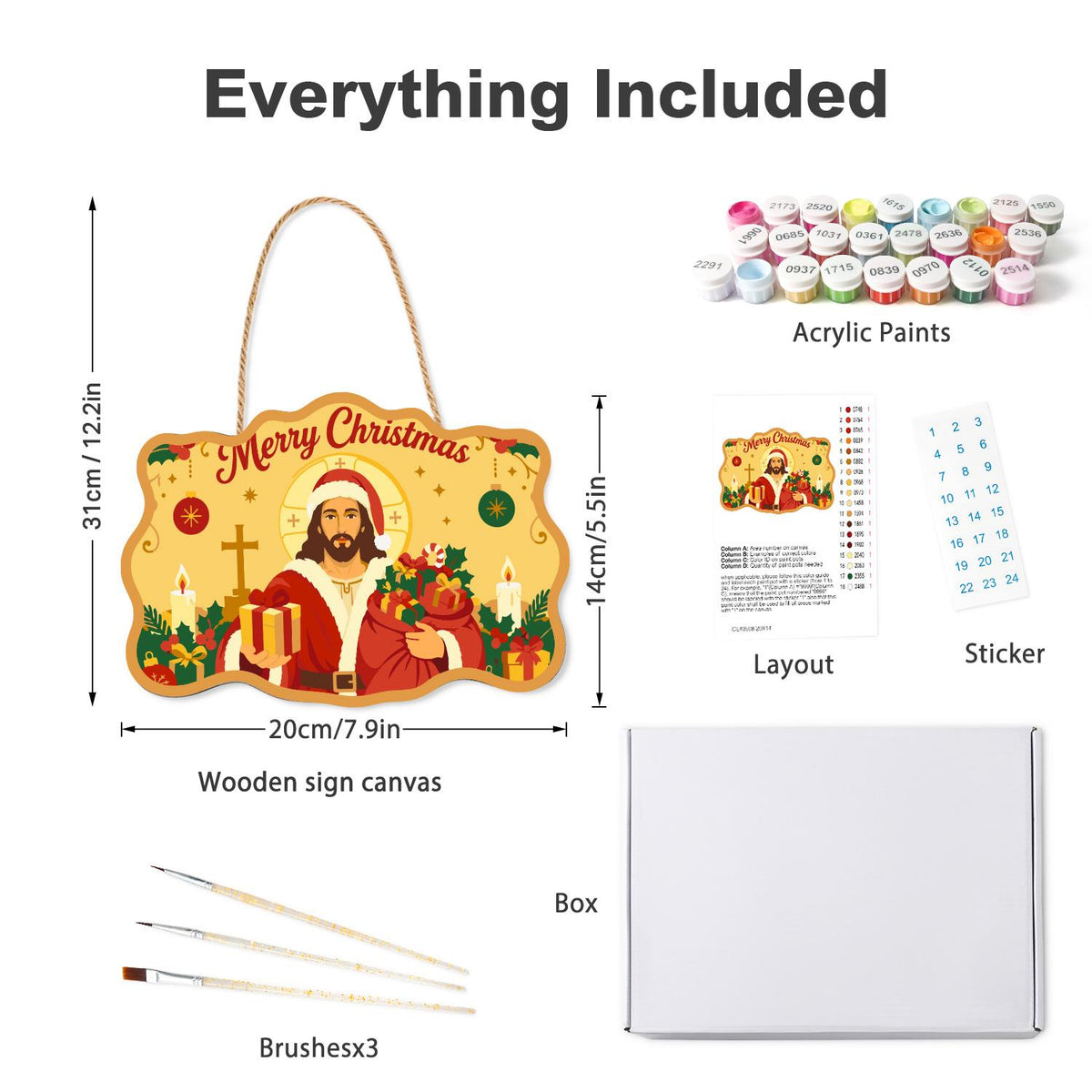 Golden Halo Jesus in Santa Coat paint by numbers hanging sign – what's in the kit: the wooden sign, rope hanger, numbered paints and brushes